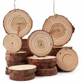 10 houten schijven met ophangoog ca. 8-9cm