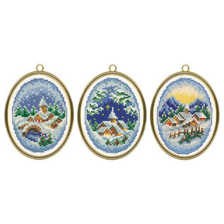 Telpakket - Miniatuurkit winterdorpjes set van 3 met gouden kader ca.6x8cm