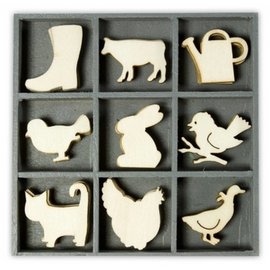 Houten Ornamenten Koe, Kip, Poes, ... 45 delig