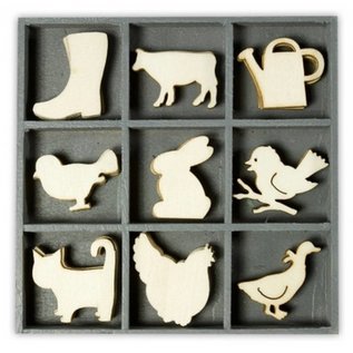 Houten Ornamenten Koe, Kip, Poes, ... 45 delig