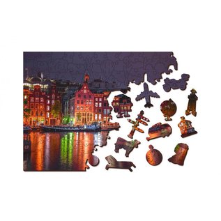 Wooden City 2in1 Legpuzzel, Amsterdam bij Nacht, 37,5x25,4cm