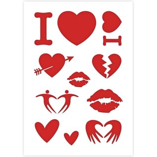 QBIX Valentijn sjabloon - I Love, Liefde, Kus, Lippen, Hartje - Kunststof A4 stencil - Kindvriendelijk sjabloon geschikt voor schilderen, muren, meubilair, taarten en andere doeleinden