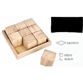 Set van 9 houten blokjes in houten schaal 14x14cm