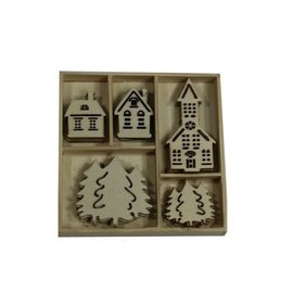 Houten ornament - huisjes, kerk