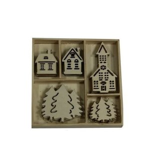 Houten ornament - huisjes, kerk