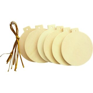 Set van 6 houten (platte) kerstballen 60mm