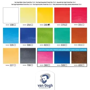 VAN GOGH Aquarelverf pocket box Basic Colours met 12 kleuren in halve napjes + 3 gratis kleuren