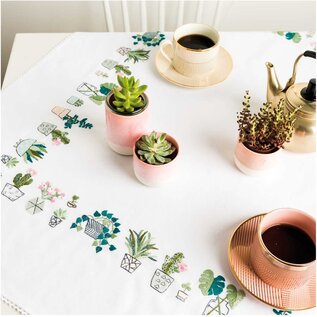 Borduurpakket planten tafelkleed voorbedrukt borduren 95x95cm