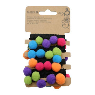 Pomponnetjes slinger multicolor, zwart lint, 1m