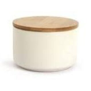 keramische kaarsenhouder + bamboe deksel d:10 - h: 8,9cm