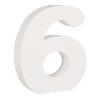 Houten nummer 6 , wit, 11cm, dikte 2 cm