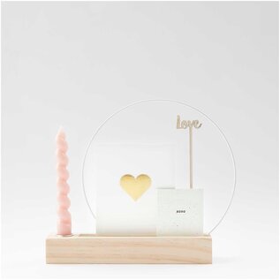 Houten standaard voor metalen ringen & kaarten met kaarsenhouder 26x5x4cm