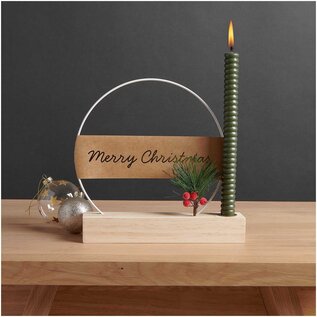 Houten standaard voor metalen ringen & kaarten met kaarsenhouder 26x5x4cm