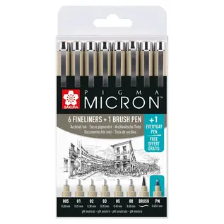 Sakura Pigma Micron PN-set - 7 maten + 1 PN - Zwart