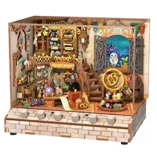 DIY 3D Houten Puzzel met 6 verschillende geluidseffecten en stofkap, Miniature House Magic Shop, Tone-Cheer, 18×14,5×15,4cm