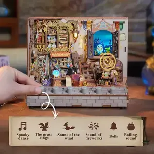 DIY 3D Houten Puzzel met 6 verschillende geluidseffecten en stofkap, Miniature House Magic Shop, Tone-Cheer, 18×14,5×15,4cm