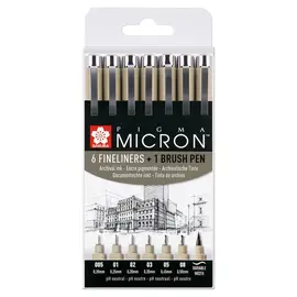 Sakura Pigma Micron-set - 6 maten + 1 Pigma Brush - Zwart