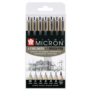 Sakura Pigma Micron-set - 6 maten + 1 Pigma Brush - Zwart