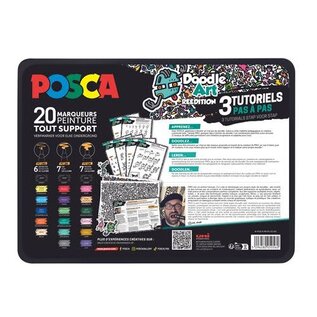 POSCA metalen opbergdoos 20 stiften met workshop Doodlen