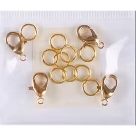 Karabijnsluitingen met ringen  goudkleurig 12mm 4st.