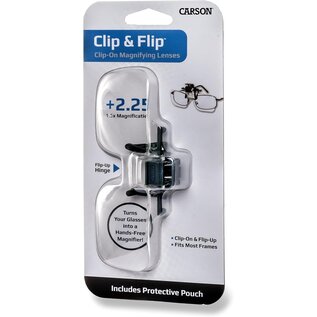 Carson Clip&Flip Loepbril 1,5x (+2,25 dioptrie) clip-on lens met opklapmechanisme.
