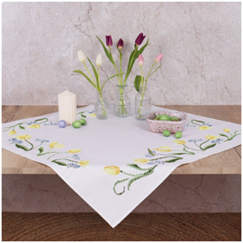 Borduurpakket voor een tafelkleed met kruissteekmotief - Tulpen - 80 x 80 cm -