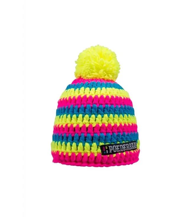 Poederbaas Short beanie with pompom - yellow/blue/pink
