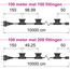 Prikkabel van 100 meter met stekker en 100 of 200 gemonteerde fittingen