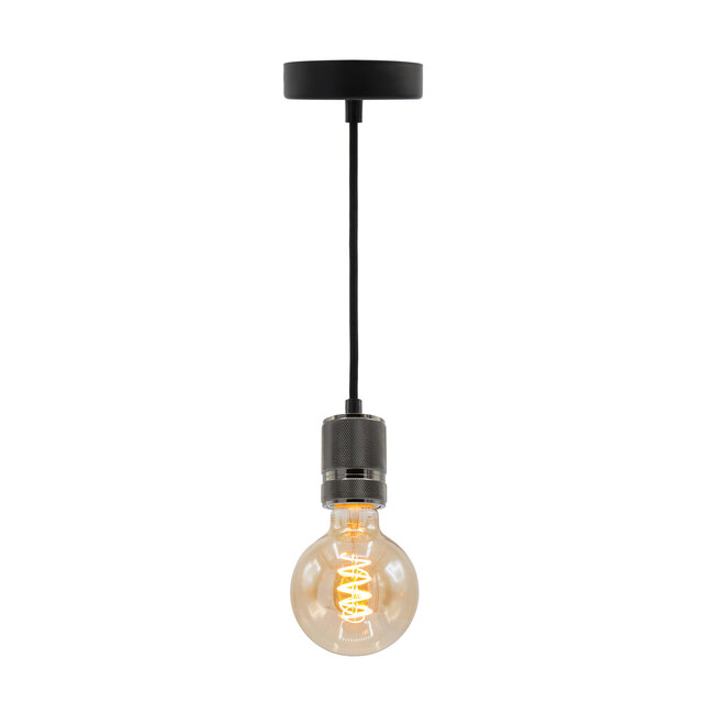 Industriële glanzende zwarte snoerpendel incl. 5W XL lamp, amber glas, 1800K, Ø95