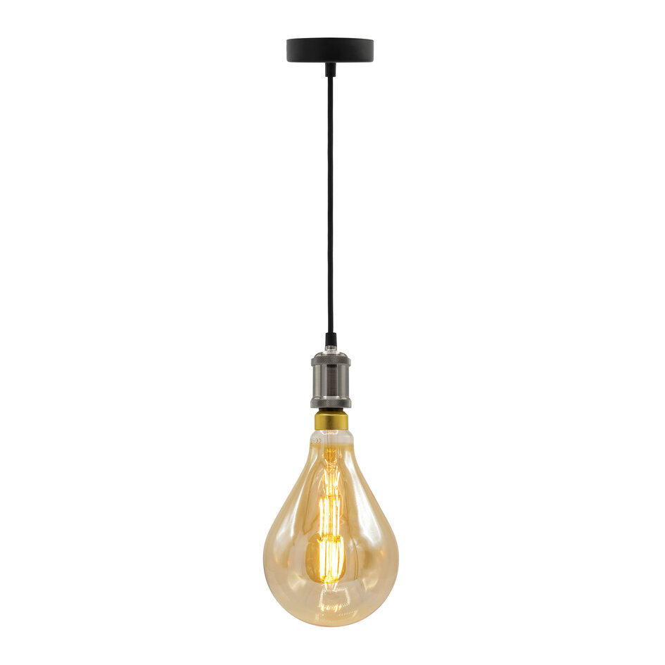 Moderne zilveren snoerpendel incl. 8,5W tot 10W XXL lamp, amber glas, 2000K, Ø160