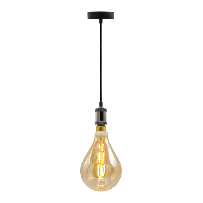 Moderne glanzende zwarte snoerpendel incl. 8,5W tot 10W XXL lamp, amber glas, 2000K, Ø160