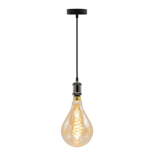 Moderne glanzende zwarte snoerpendel incl. 8,5W tot 10W XXL lamp, amber glas, 2000K, Ø160