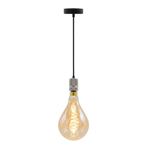 Industriële zilveren snoerpendel incl. 8,5W tot 10W XXL lamp, amber glas, 2000K, Ø160
