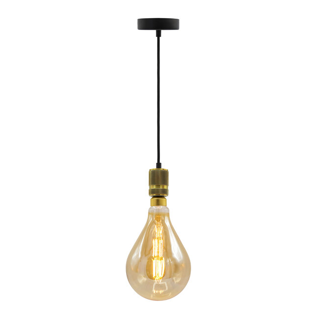 Industriële gouden snoerpendel incl. 8,5W tot 10W XXL lamp, amber glas, 2000K, Ø160