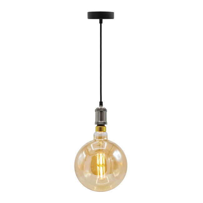 Moderne zilveren snoerpendel incl. 8,5W tot 10W XXXL lamp, amber glas, 2000K, Ø200