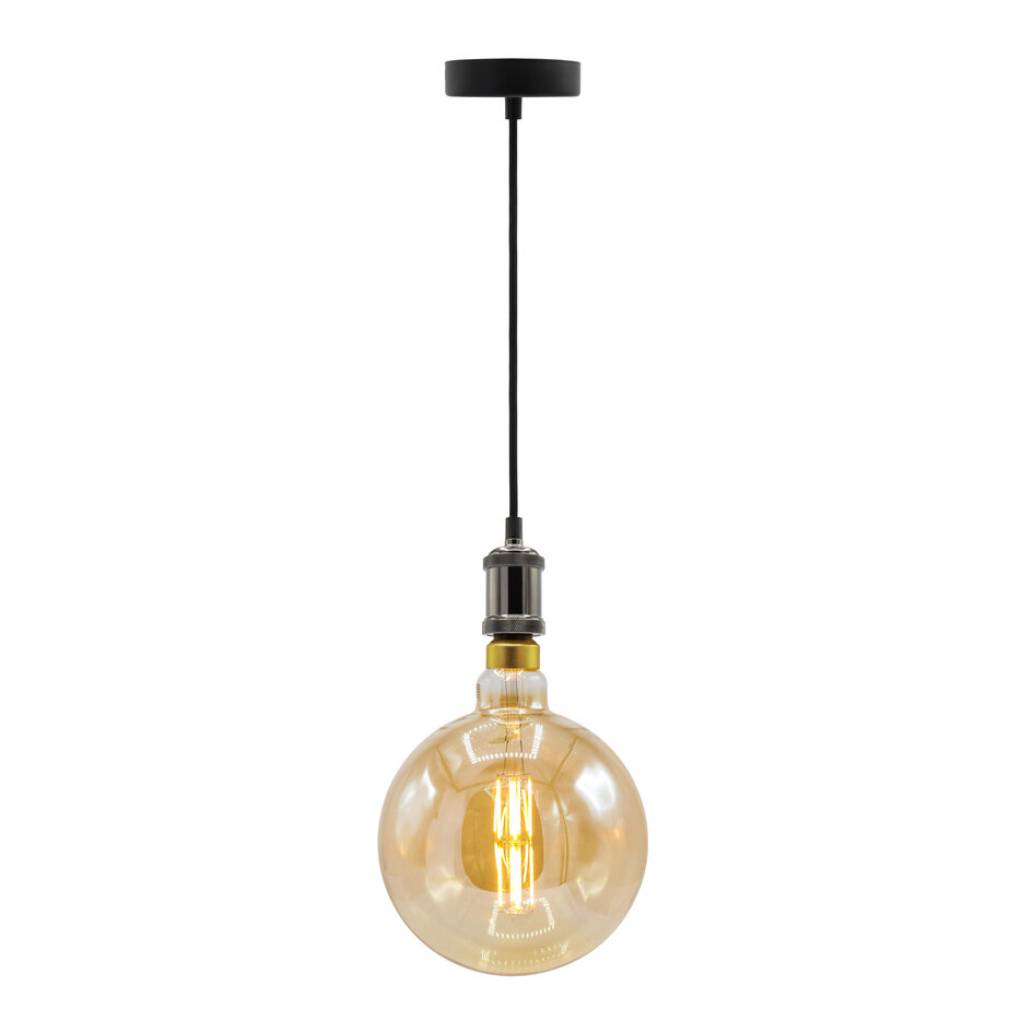 Moderne glanzende zwarte snoerpendel incl. 8,5W tot 10W XXXL lamp, amber glas, 2000K, Ø200