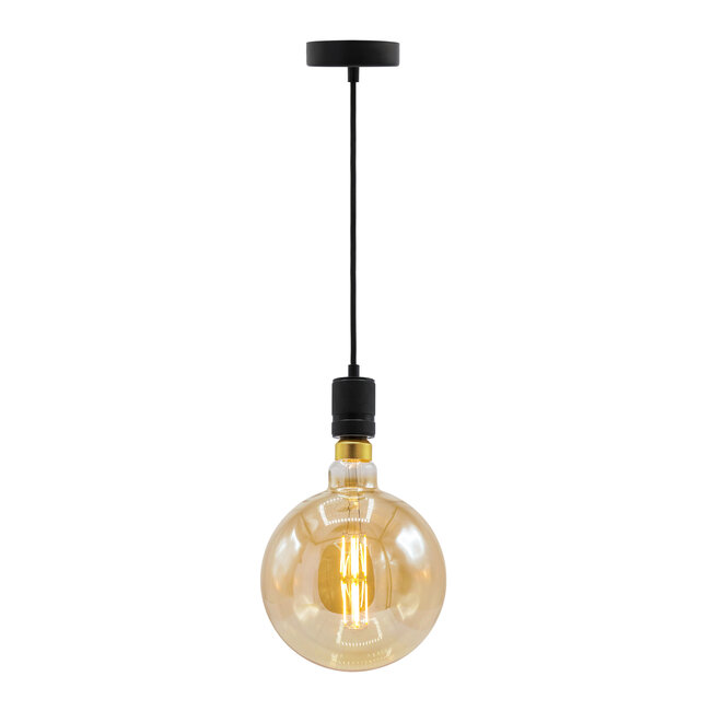 Industriële glanzende zwarte snoerpendel incl. 8,5W tot 10W XXXL lamp, amber glas, 2000K, Ø200