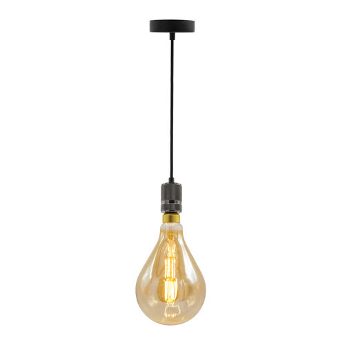 Industriële glanzende zwarte snoerpendel incl. 8,5W tot 10W XXL lamp, amber glas, 2000K, Ø160
