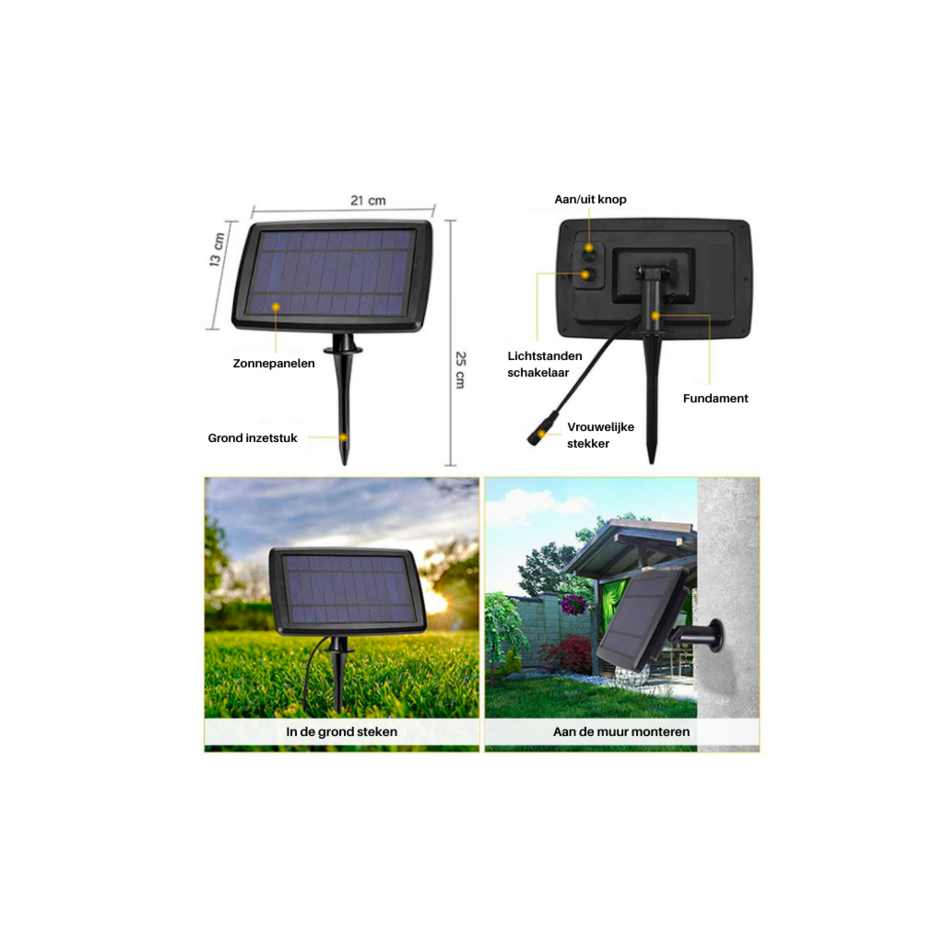 Solar lichtsnoer 10 meter 20 kleine ronde lampjes, 3W zonnepaneel (IP20 lampen)