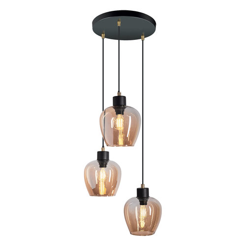 Design mat zwarte en zandgouden hanglamp met amberkleurig glas 3-lichts - Stockton