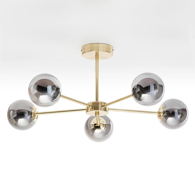 Industriële goudkleurige plafondlamp met smoke grijs glas, 5-lichts - Leah