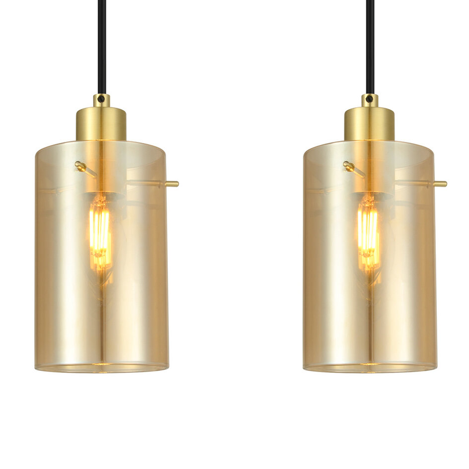 Beschrijving De hanglamp Seattle heeft vijf cilindervormige lampenkappen, die aan een smalle ophanging zijn bevestigd. Het glas van de lampenkappen is amberkleurig wat een warme moderne uitstraling heeft. Het zandgoud geeft hem net wat extra. Het glas gee