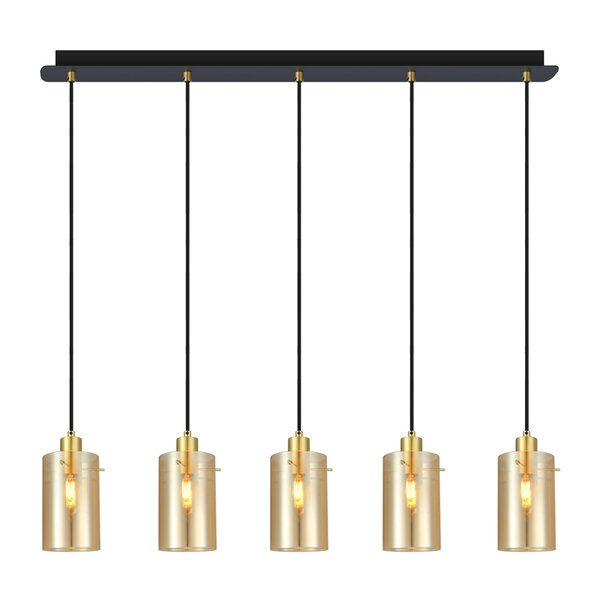 Moderne mat zwarte en zand gouden hanglamp met amberkleurig glas 5-lichts  - Seattle