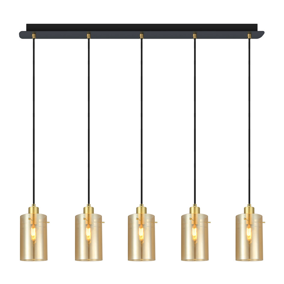 Beschrijving De hanglamp Seattle heeft vijf cilindervormige lampenkappen, die aan een smalle ophanging zijn bevestigd. Het glas van de lampenkappen is amberkleurig wat een warme moderne uitstraling heeft. Het zandgoud geeft hem net wat extra. Het glas gee