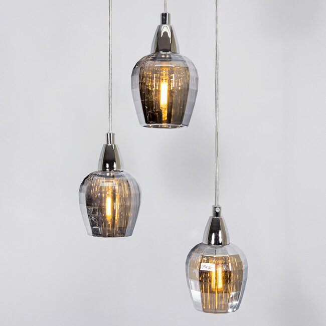 Industriële chrome hanglamp met smoke grijs glas, 3-lichts - Veronica