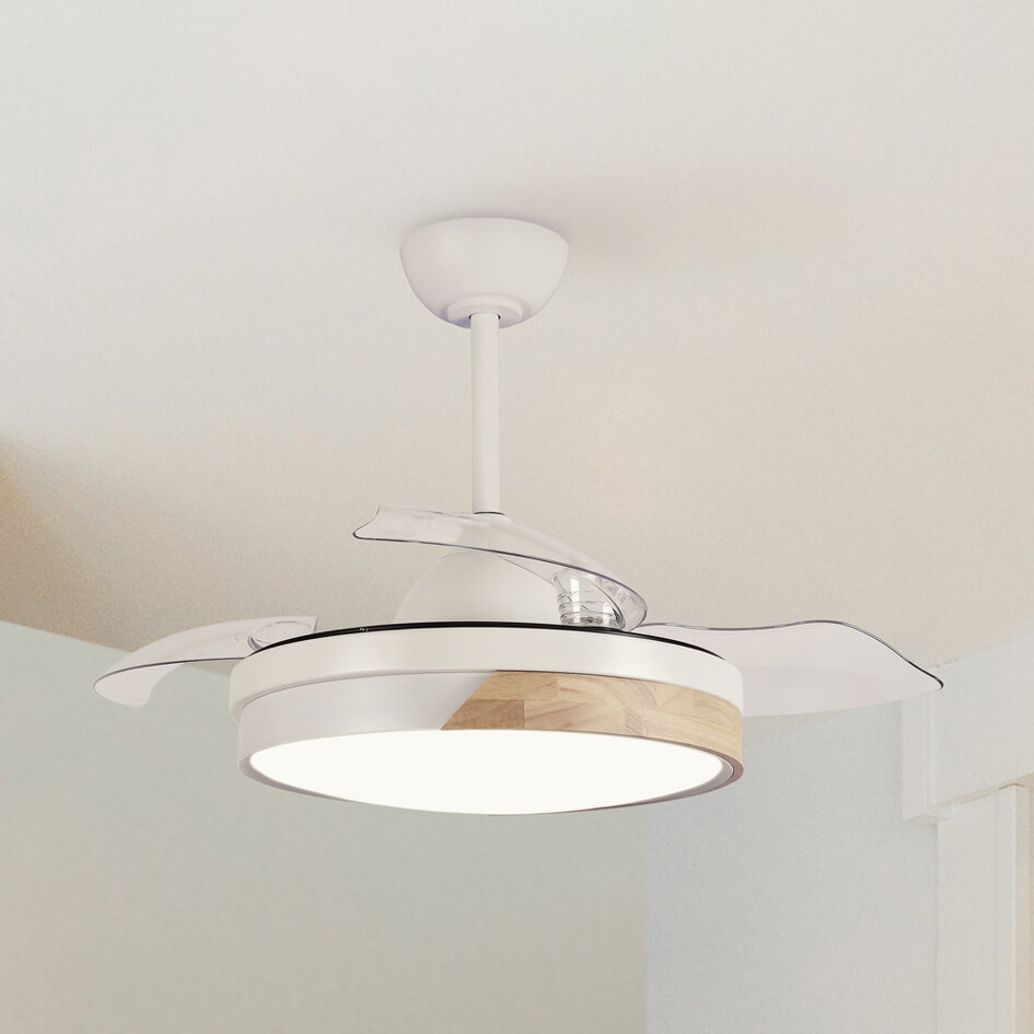 Plafondventilator met lamp en 3 uitklapbare bladen, Vjetar - wit met houtoptiek
