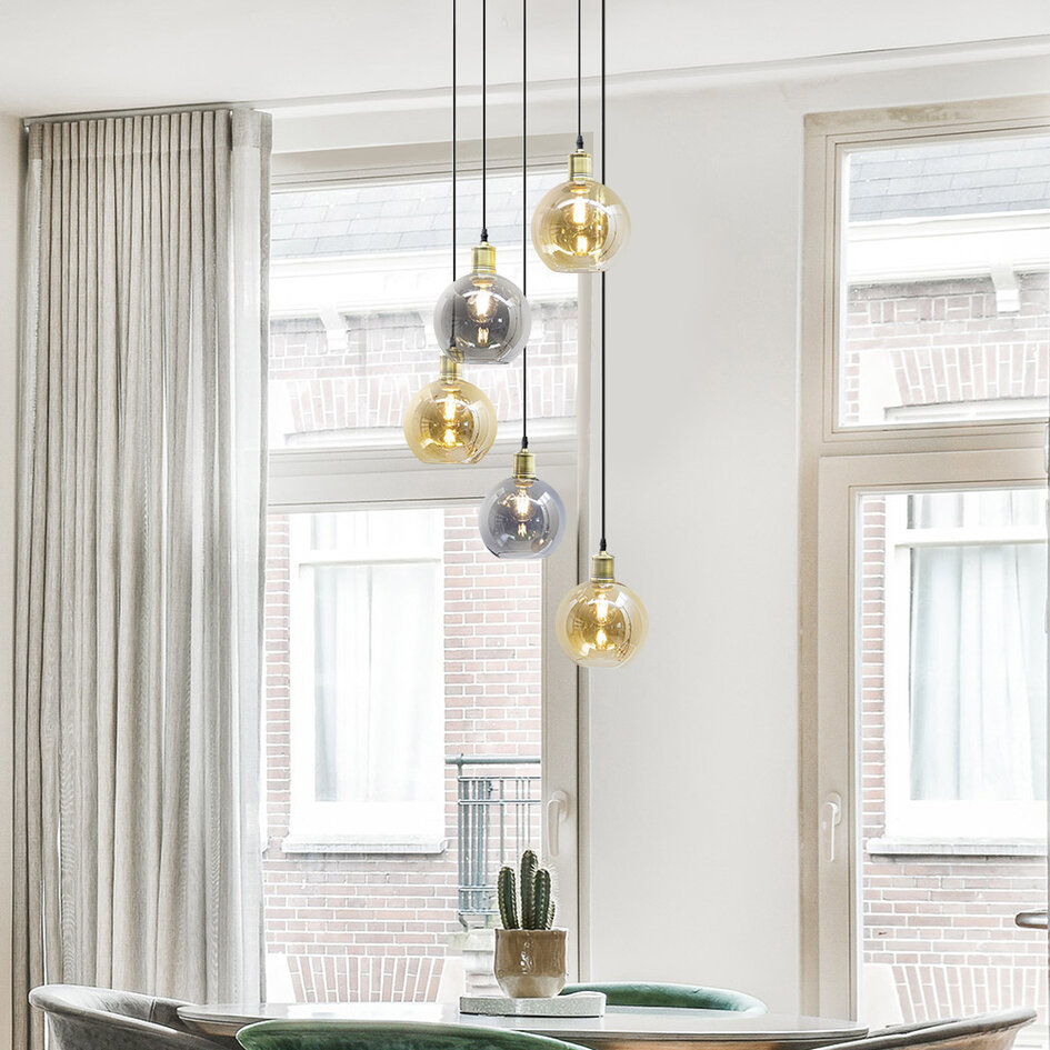 Hanglamp 5-lichts met smoke en amberkleurig glas - Lyana