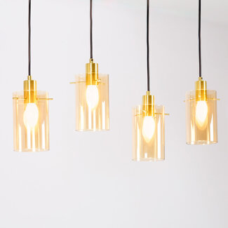 Industriële mat zwarte en  zand gouden hanglamp met amberkleurig glas  4-lichts  - Tuscon