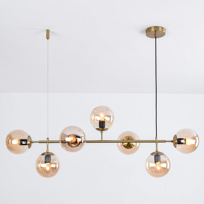 Design hanglamp Hepta goud met amber glazen bollen