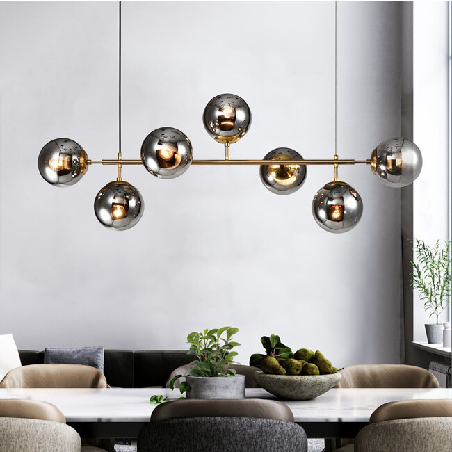 Design hanglamp Hepta goud met smoke glazen bollen